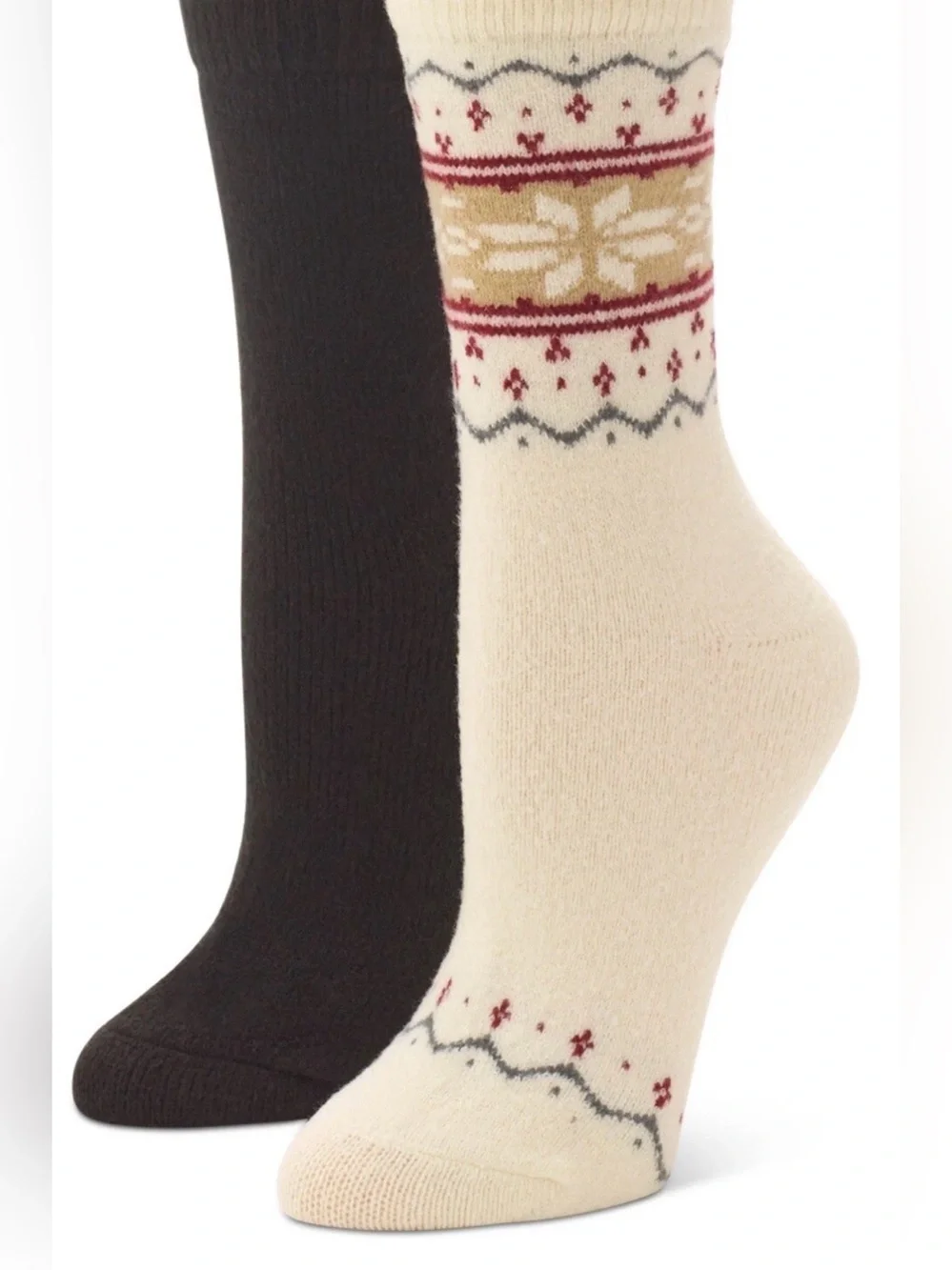 HUE Womens Fairisle Crew Boot Socks 2 Pair Pack Ivory Print & Black One Size $16